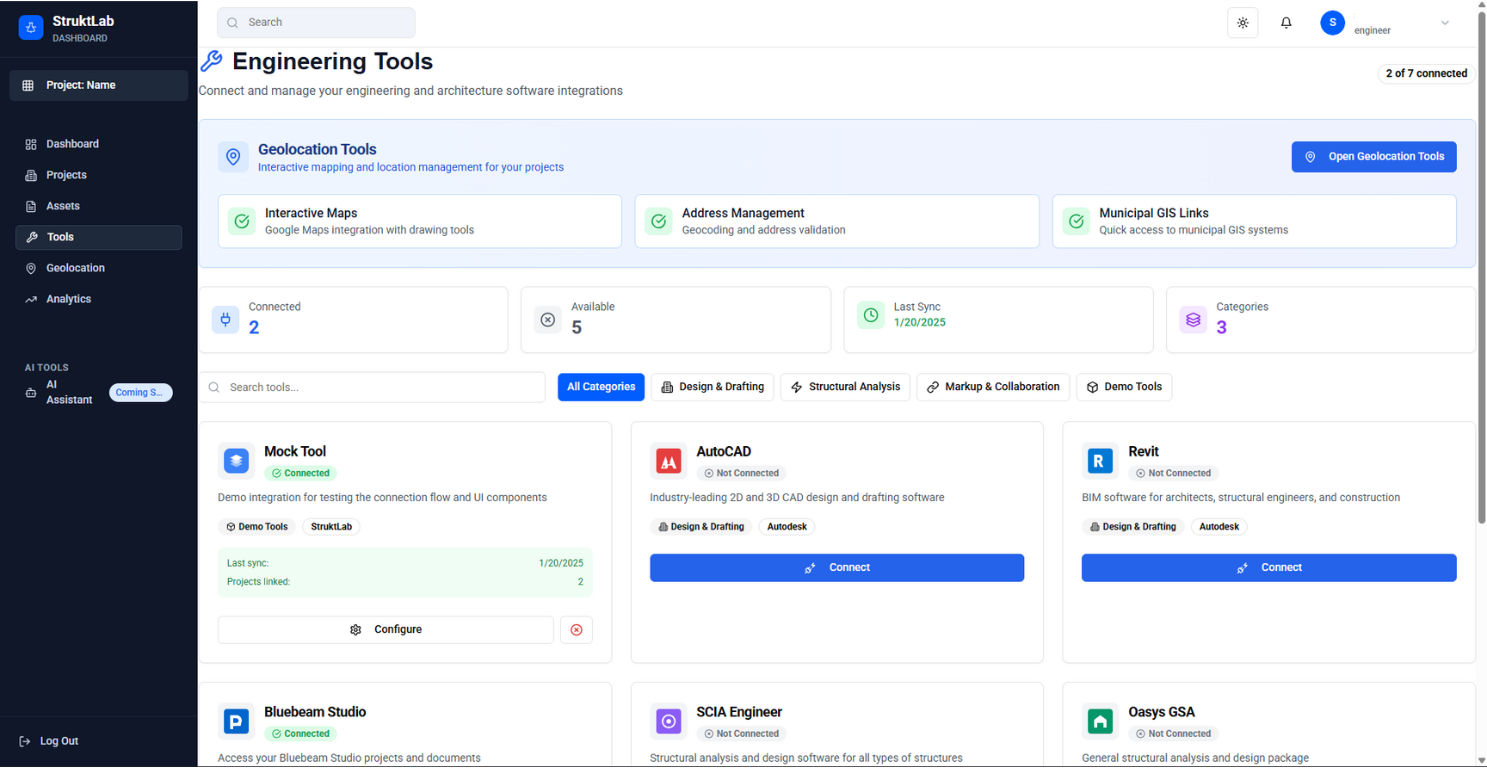 Engineering Tools integration page showing connections to AutoCAD, Revit, Bluebeam and other AEC software